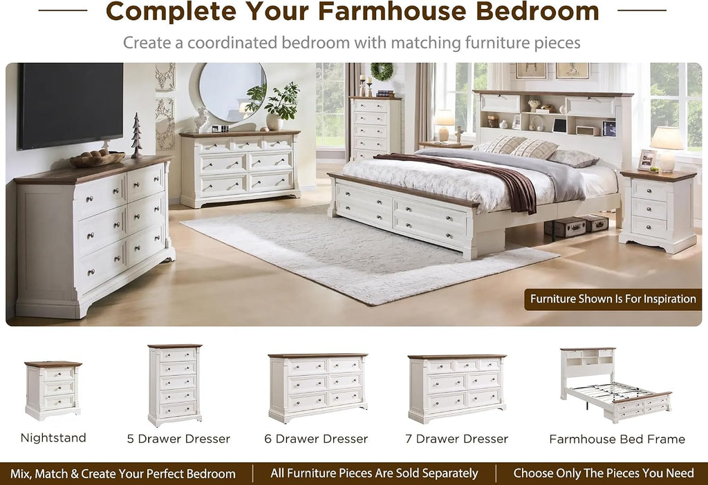Farmhouse 26" Tall Nightstand with Charging Station 23.6"W Wood Side Table