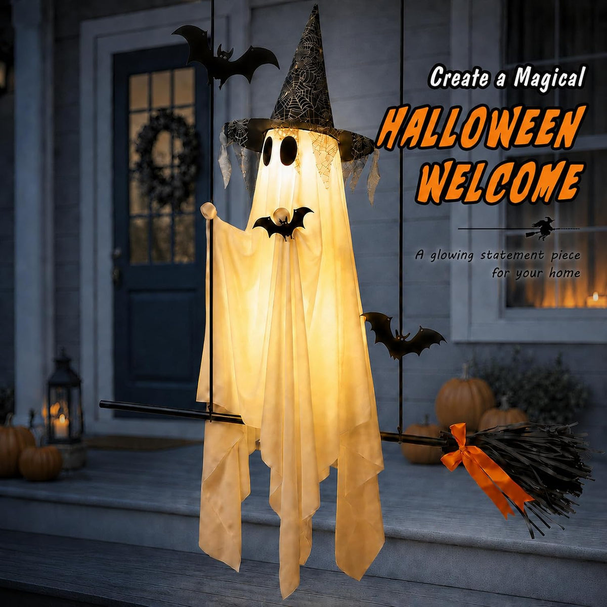 Halloween Ghost Decor, 60 inch, with Witch Hat and Broom, 8 Lighting Modes