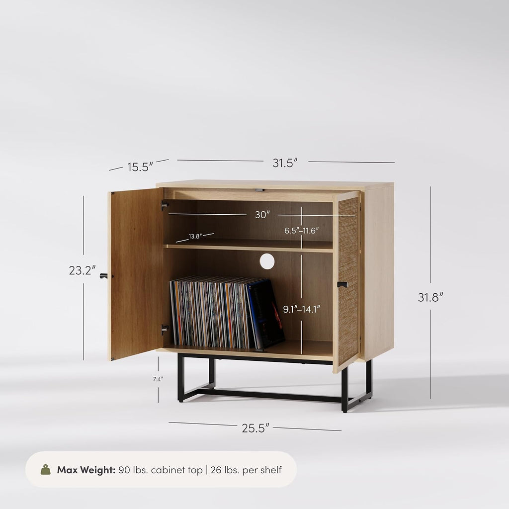 Nathan James Kova Accent Sideboard Storage Cabinet in Light Wood and Rattan with Metal Frame, Adjustable Shelves and Cane Doors, for Hallway, or Living Room, Light Oak/Cane/Black