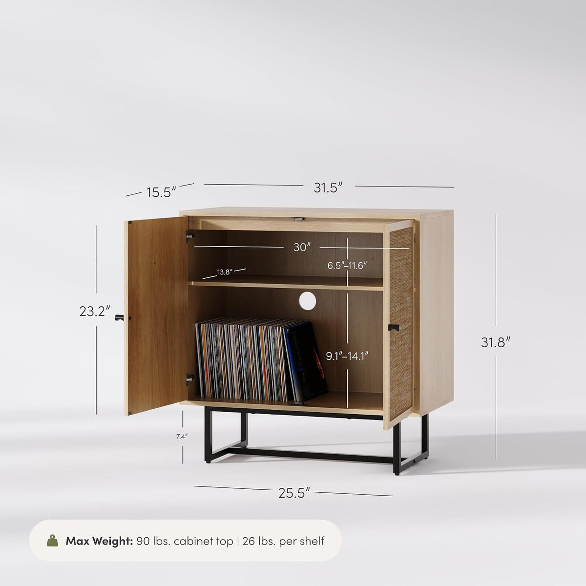 Nathan James Kova Accent Sideboard Storage Cabinet in Light Wood and Rattan with Metal Frame, Adjustable Shelves and Cane Doors, for Hallway, or Living Room, Light Oak/Cane/Black