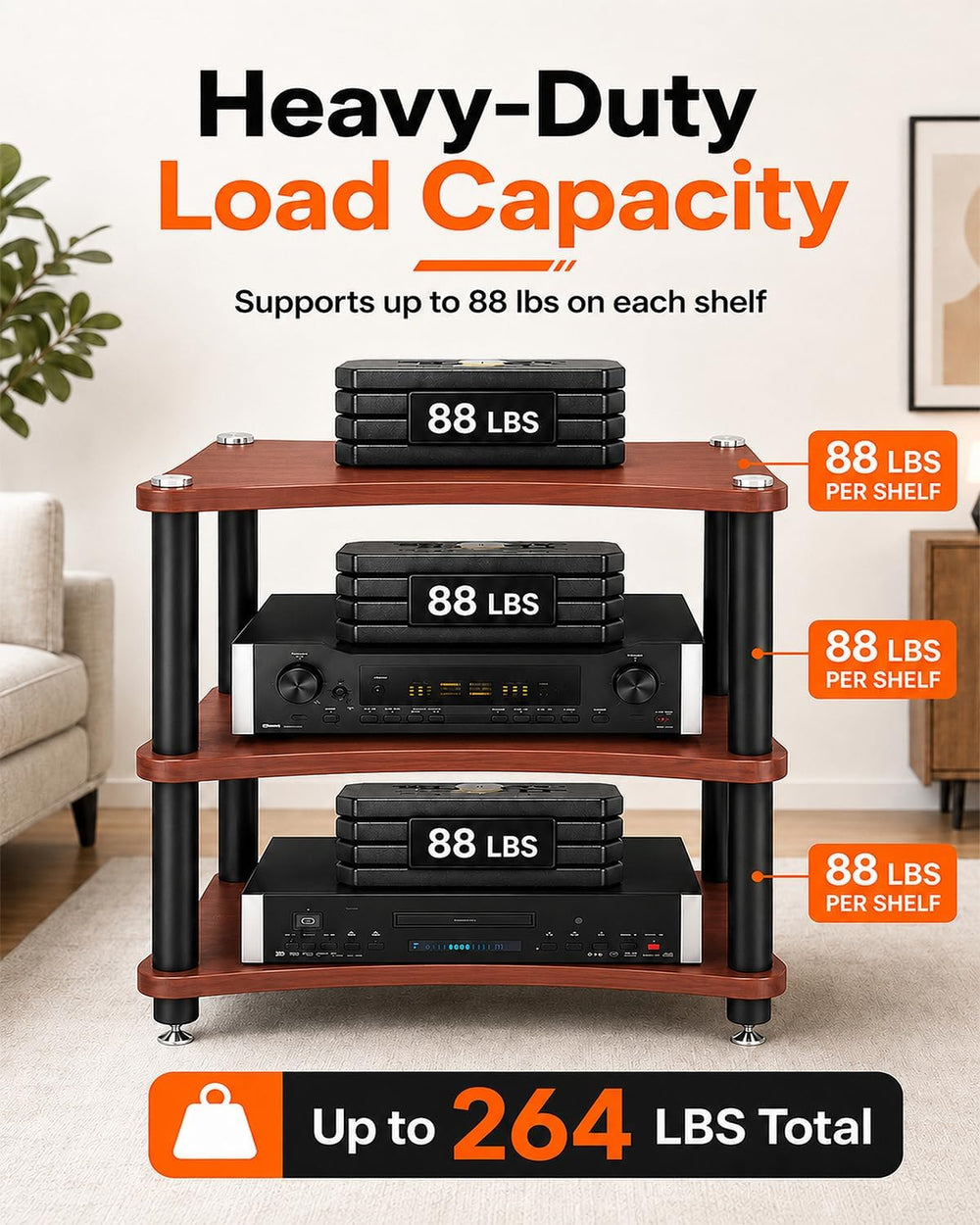 Heavy Duty 3-Tier AV Media Stand, 264 lb Load Capacity, Teak