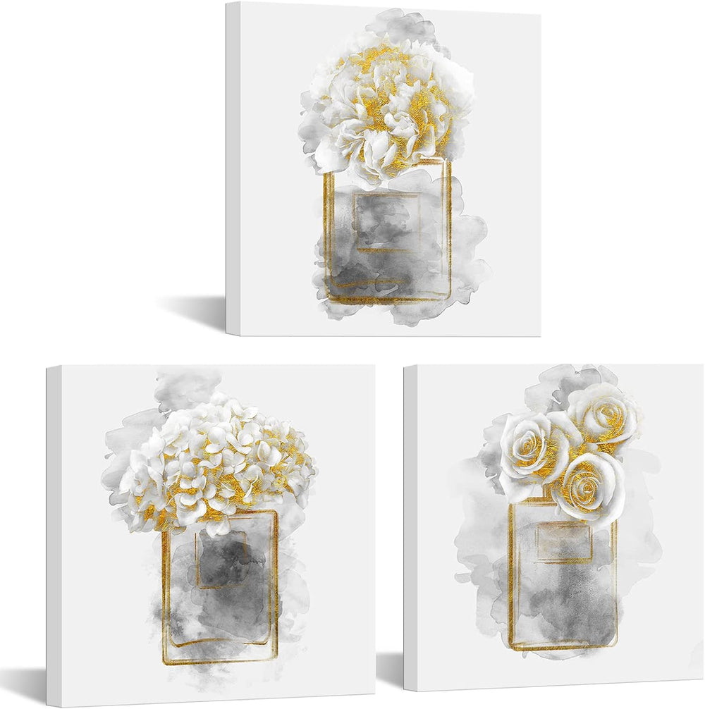 HOMEOART Gold Grey Bathroom Decor Pictures Flower Prints 12x12inchx3Pieces