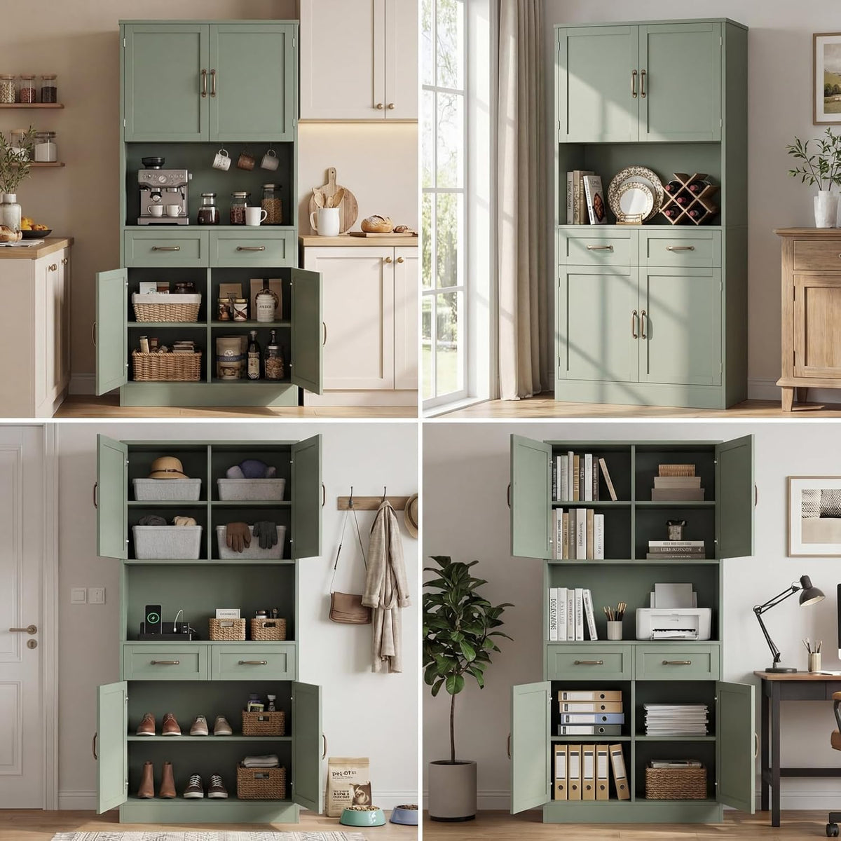 HOSTACK 71" Tall Kitchen Pantry Storage Cabinet, Wood Kitchen Hutch, Green
