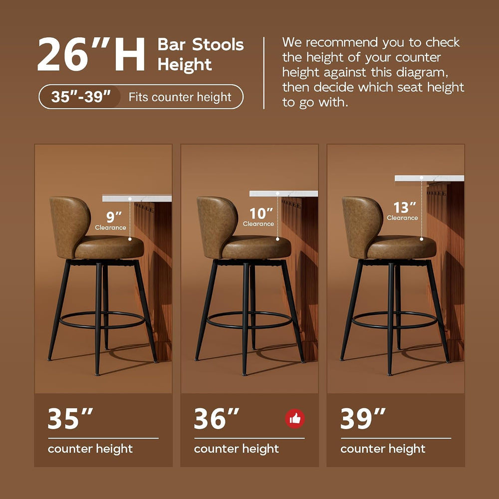 26" Brown Bar Stools Set of 2, Swivel Kitchen Island Chairs