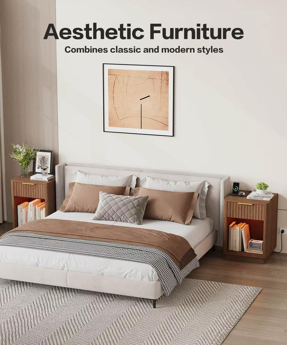 Akxomel Fluted Nightstand Set 2 Bedside Table with Charging Station Walnut