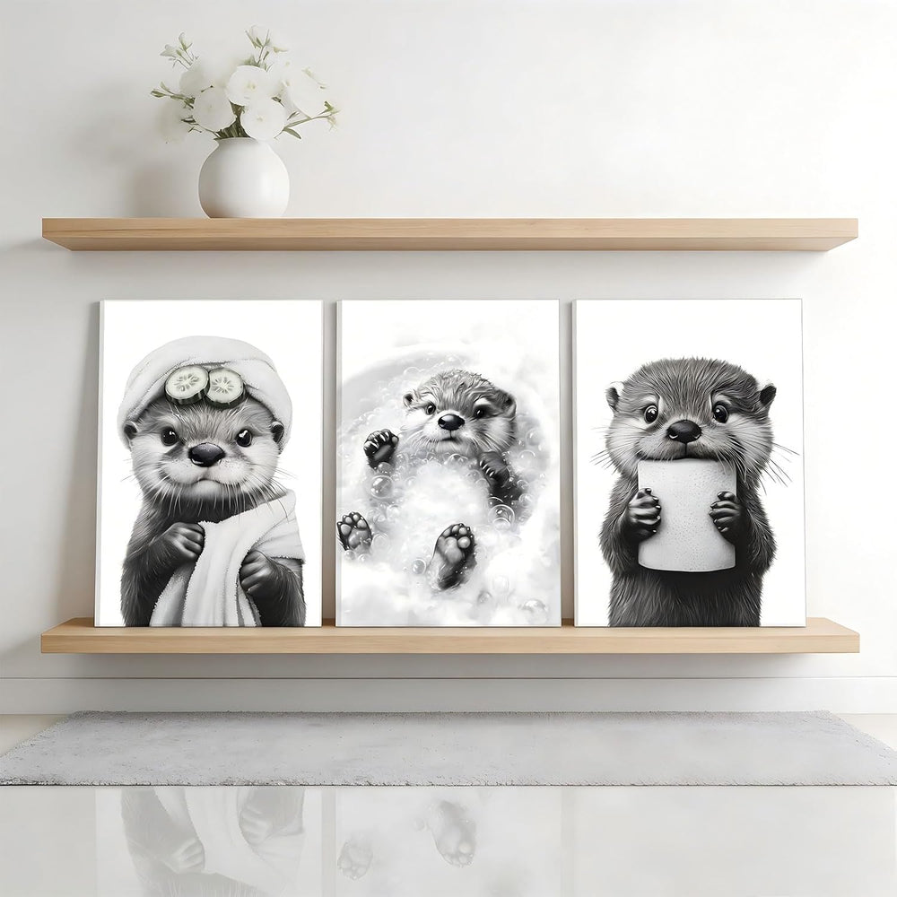 3Pcs Cute Otter Canvas Wall Art Funny Bathroom Paintings Pictures Wall Decor ...