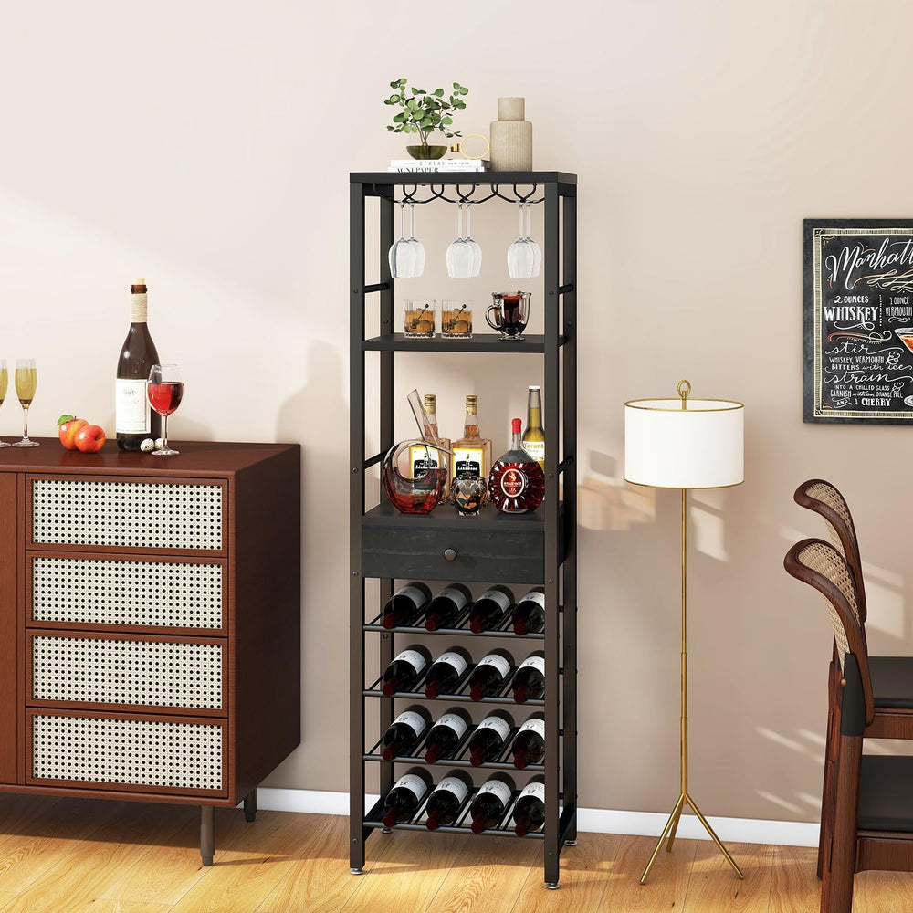 IBUYKE Wine Rack Freestanding Floor with Glass Holder,Black TMJ905B