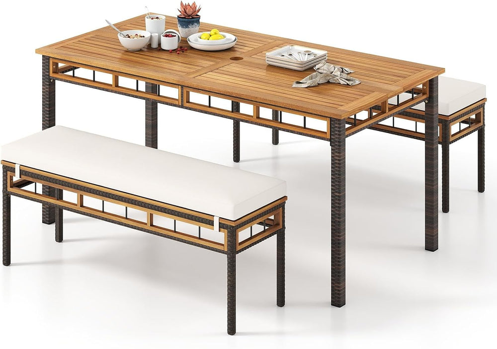 Tangkula 3 Pieces Wood Patio Dining Set, Outdoor PE Wicker Rectangular Acacia...