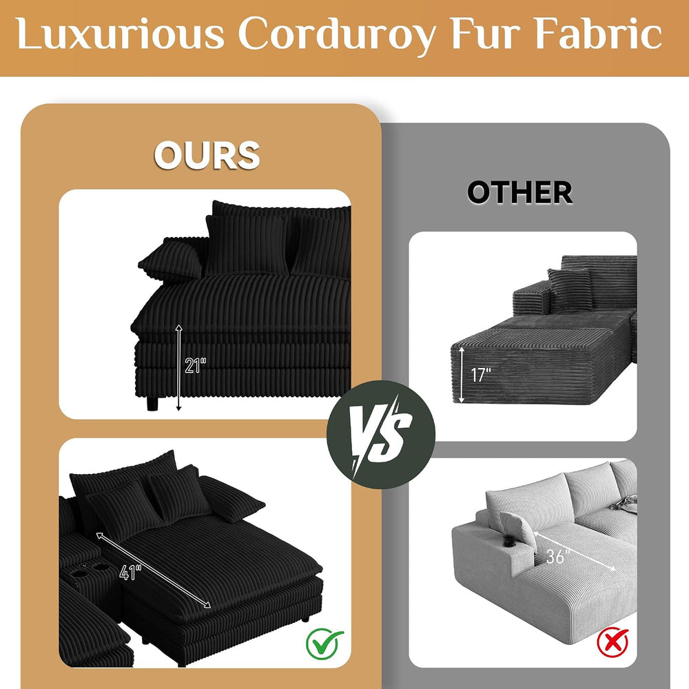 114" Oversized Double Chaise Lounge, Corduroy Sofa Bed with Storage, Black