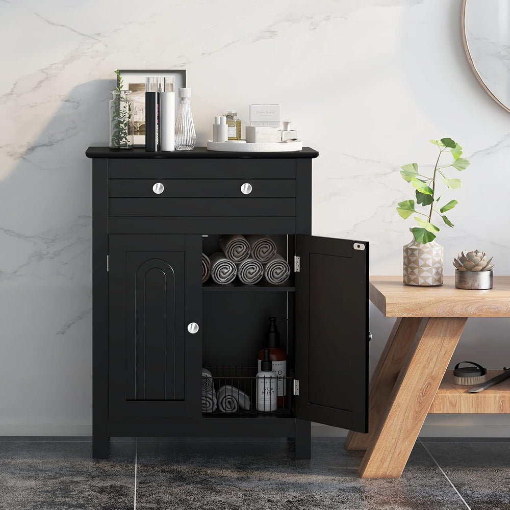 COSTWAY Bathroom Floor Cabinet, Wooden Side Storage Organizer (Black)