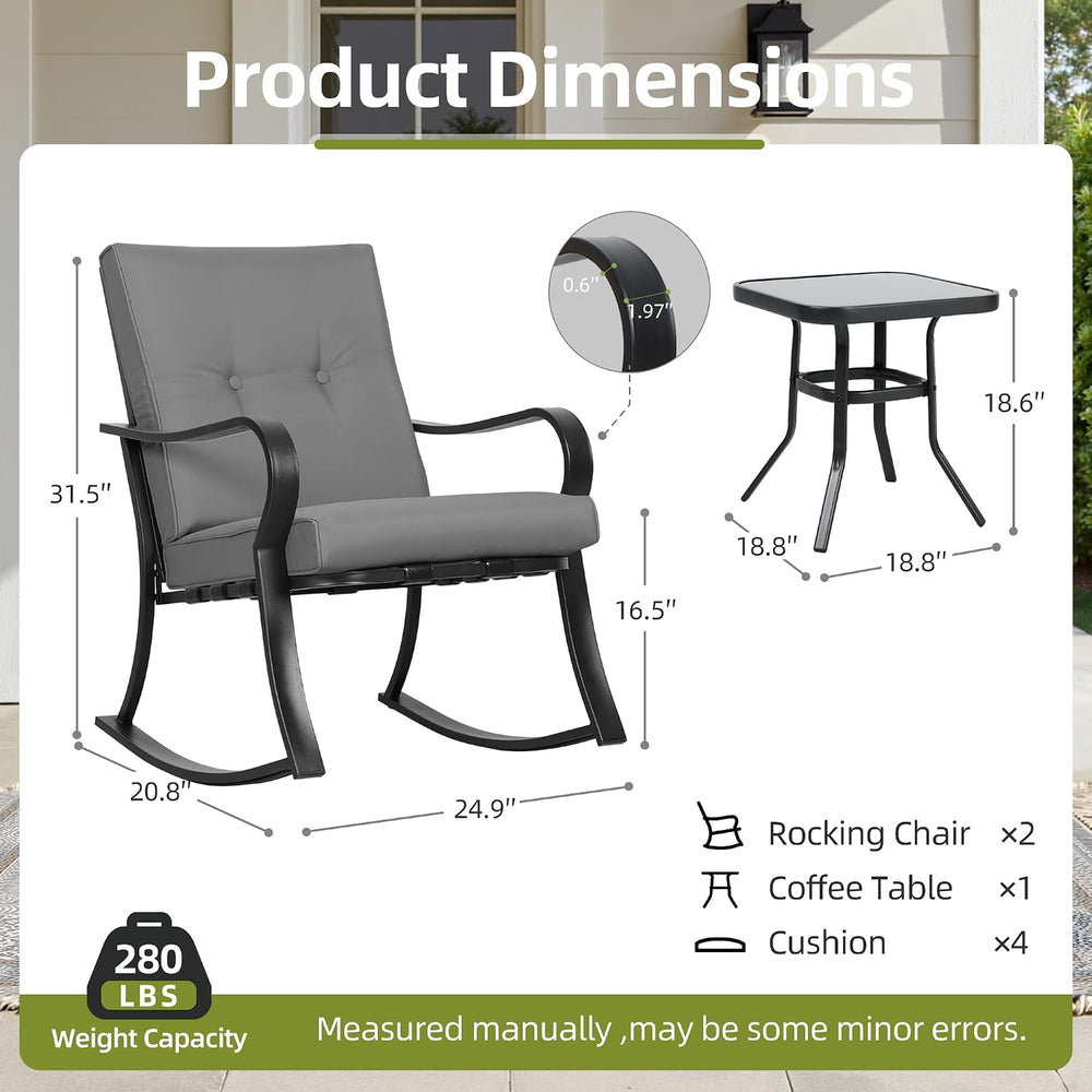SUNCROWN Outdoor 3-Piece Rocking Chairs Patio Bistro Set Black Steel Furnitur...