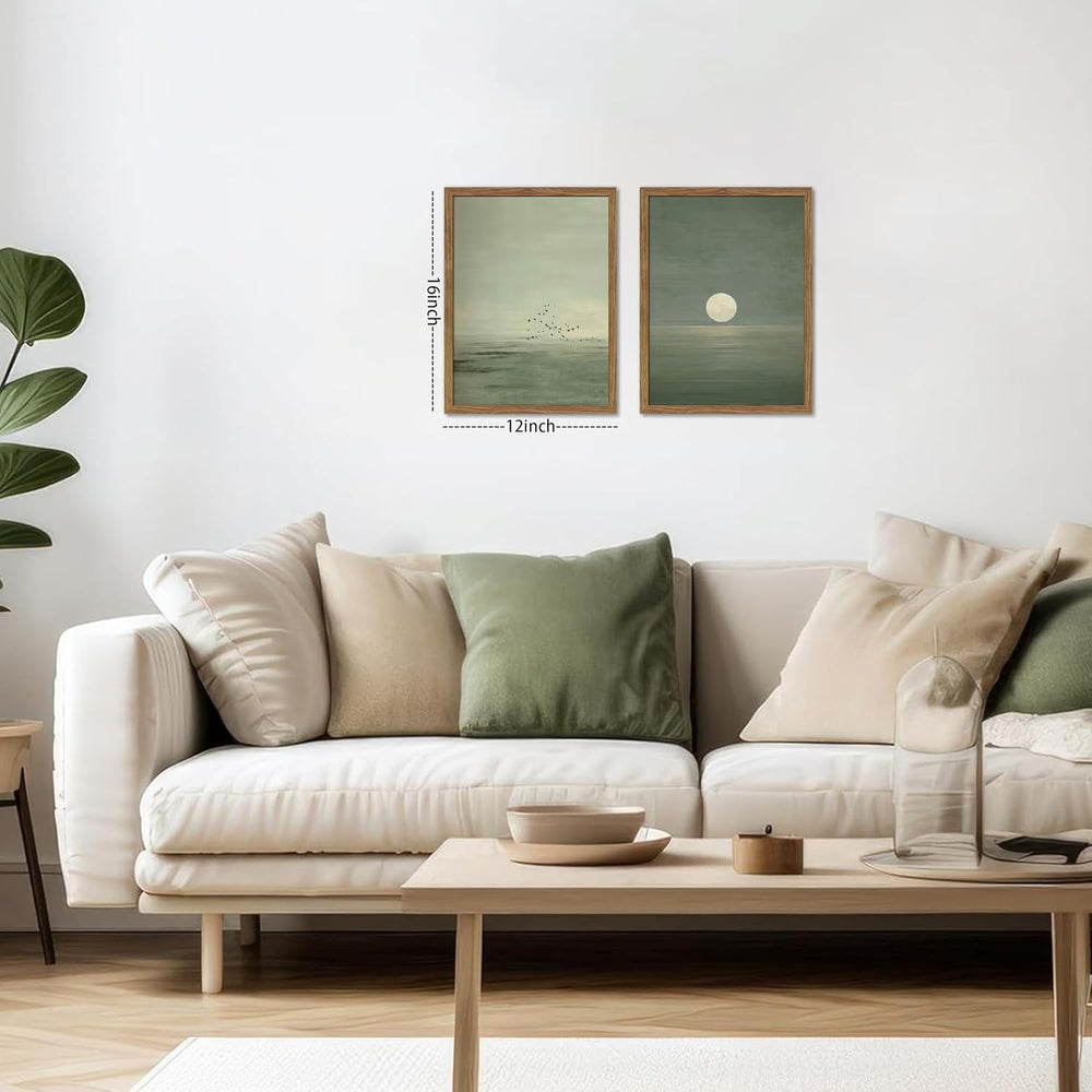 Framed Japanese Zen Wall Art Set of 2, Minimalist Sage Green Flying Duck Canv...