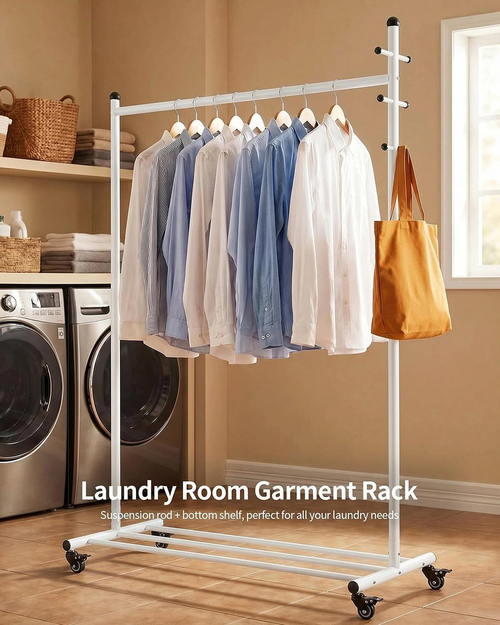 Rolling Clothes Rack Heavy Duty Garment Rack with Wheels, White
