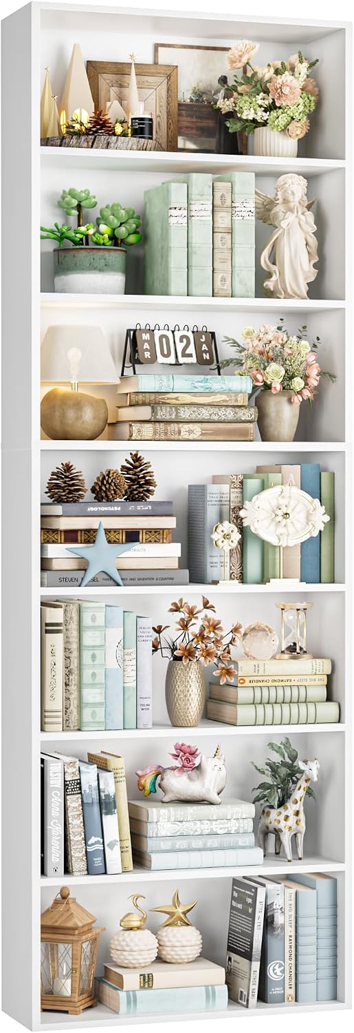 FACBOTALL 82" Tall Bookshelf White Bookcase, 7-Tier Open Display Shelves