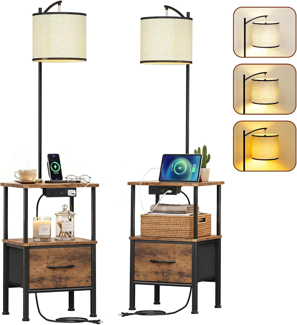 Floor Lamp with Table Set of 2, Fabric Drawer, Rustic Brown, 15" W