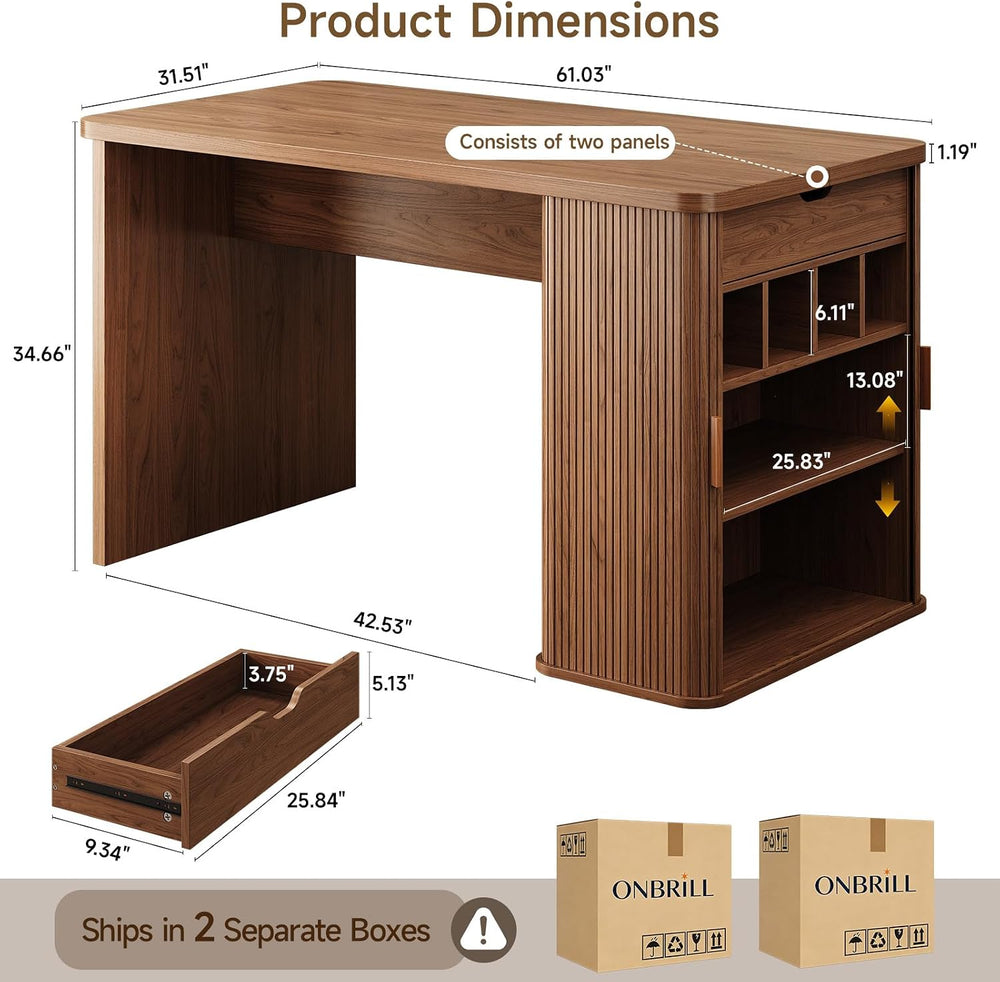 ONBRILL 61 Inch Fluted Kitchen Island with Storage Walnut