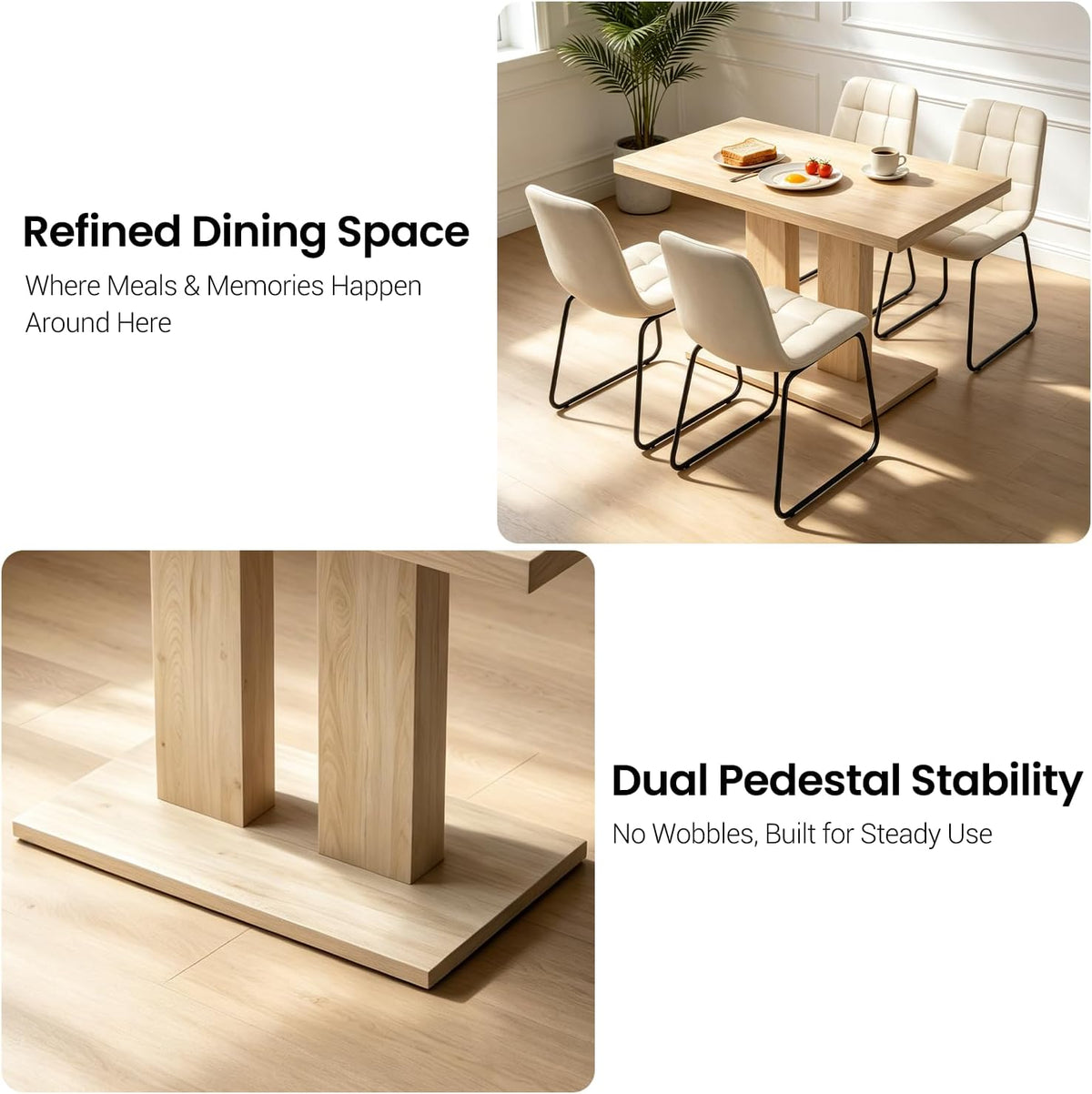 modern dining table set for 4, 46" pedestal showing dimensions