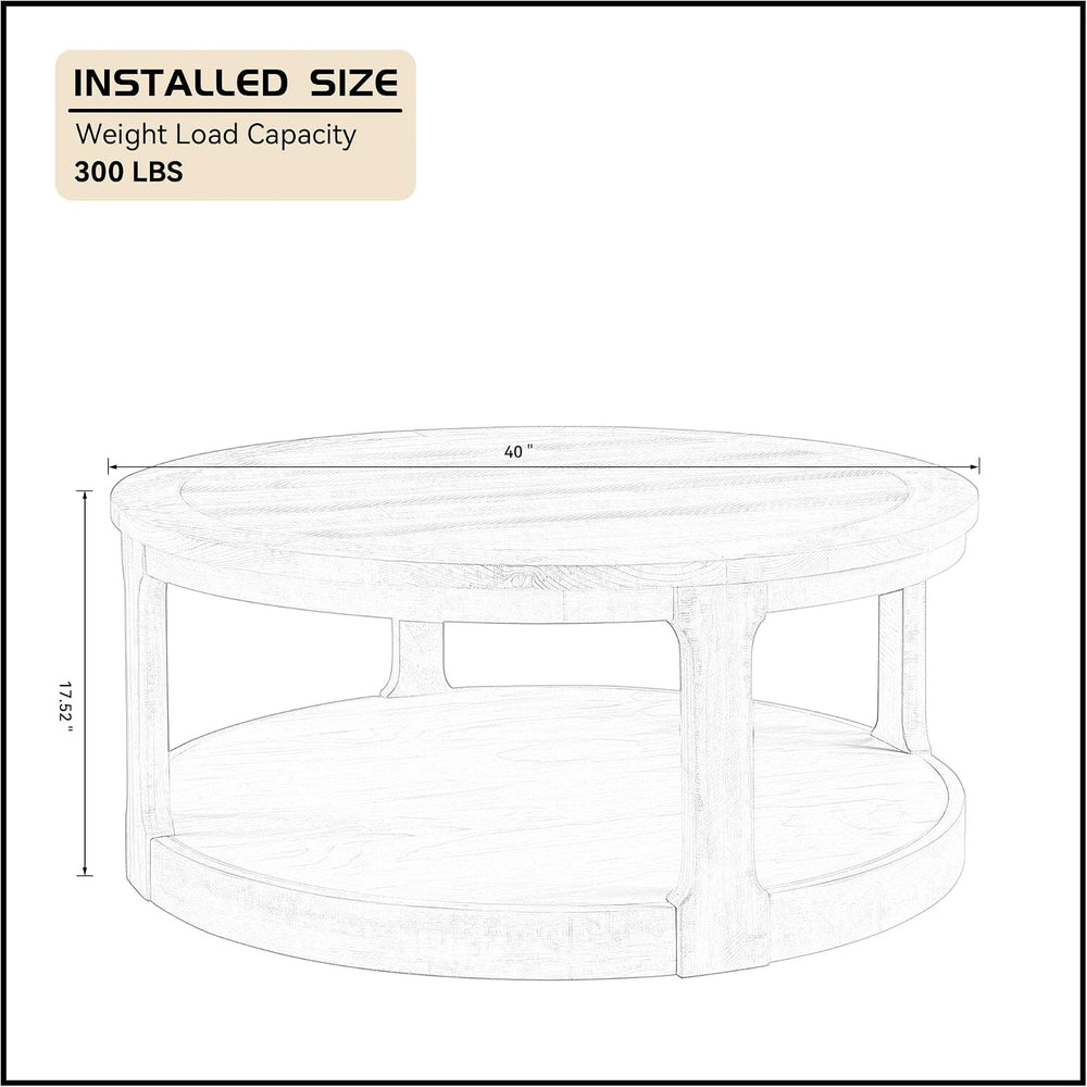 WILLIAMSPACE 40" Round Coffee Table with Wheels, Circle 2 Tier Solid Woo...