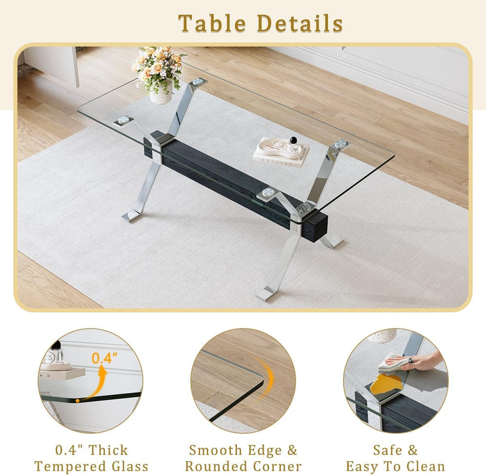 71" Glass Dining Table Set for 6｜Modern Dining Table Set for 6 with Faux...