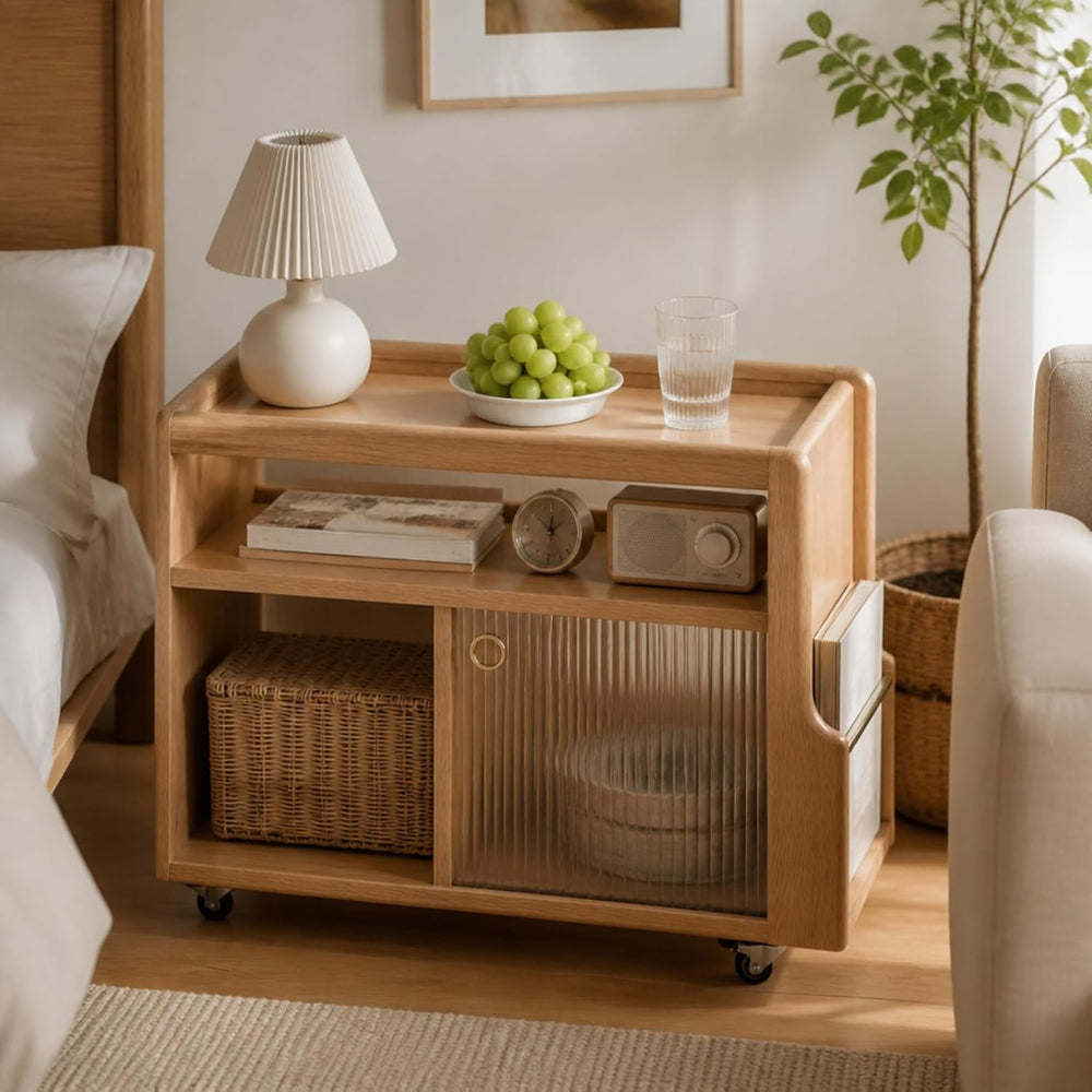 Solid Wood Side Table with Storage, Narrow End Table with Magazine Rack