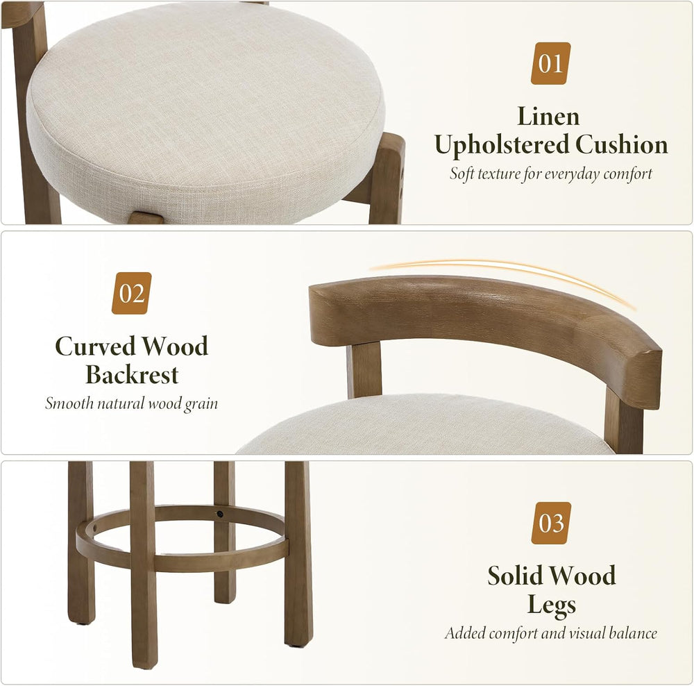 Ya-Home Mid-Century Bar Stools Set of 2, 26.5 Inch Linen Counter Height Uphol...