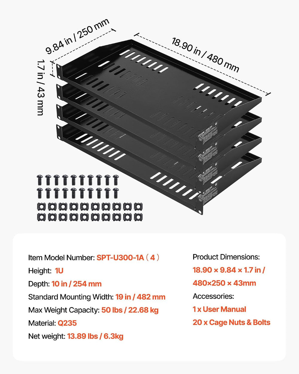 VEVOR 1U Server Rack Shelf, 4 PCS, 50 lbs Max Load-Bearing Vented Cantilever,...