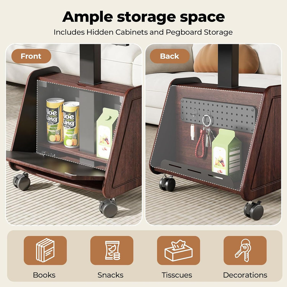 Rolling Side Table with Wheels, Sofa Couch Desk with Storage