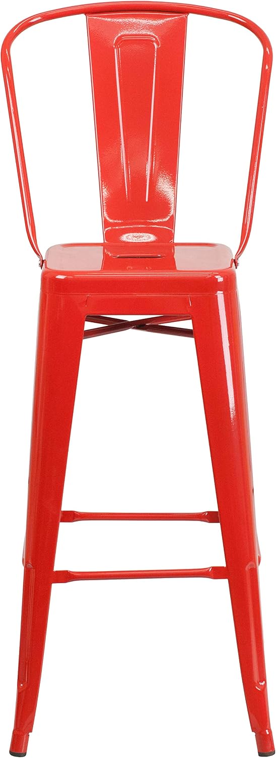 EMMA + OLIVER 30" Red Metal Indoor/Outdoor Barstool with Back, 4-Pack