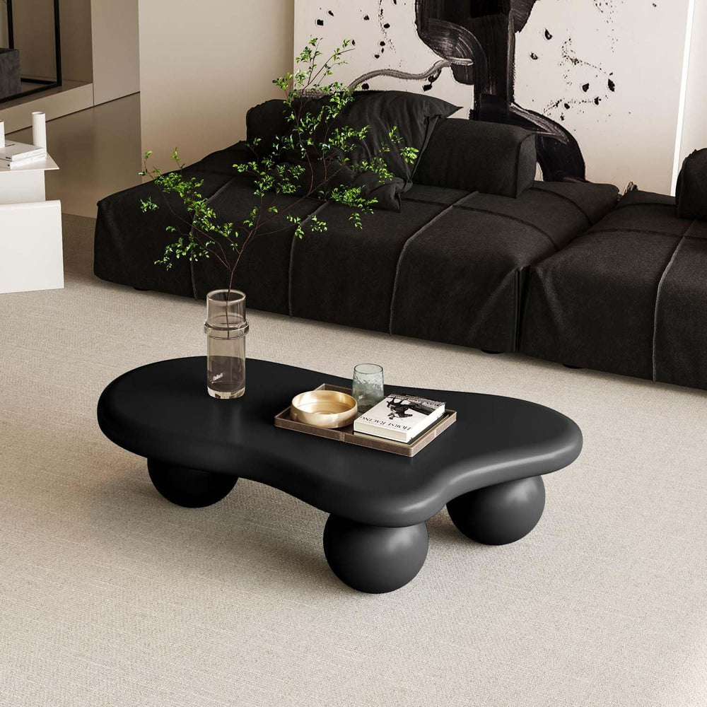 40" Black Modern Coffee Table Cloud Shape Low Center Table with 3 Ball Legs