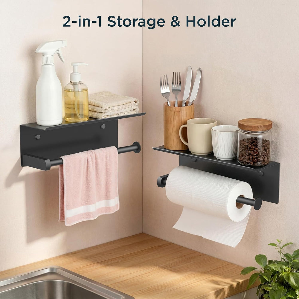 FORIOUS Wall Mount Paper Towel Holder with Shelf for Kitchen, Matte Black