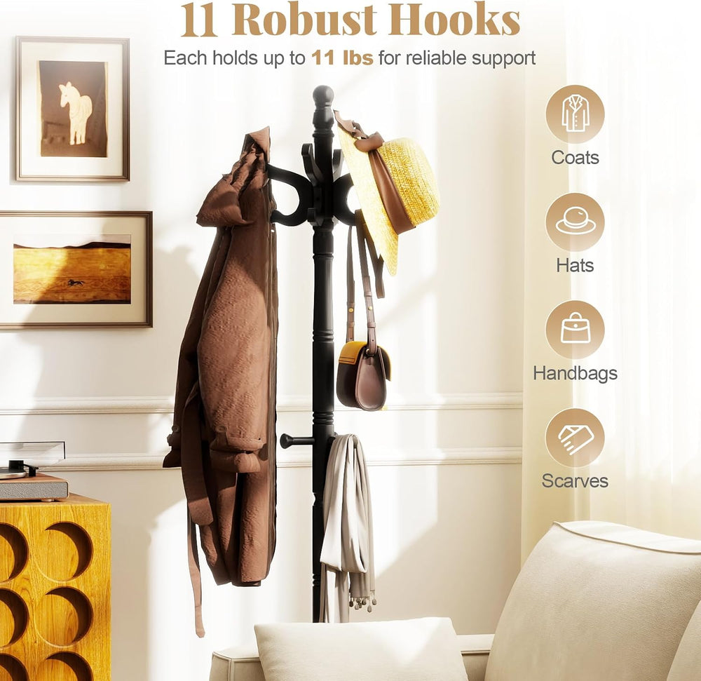 Tangkula Coat Rack Freestanding, Solid Rubber Wood Coat Tree with 11 Hooks an...