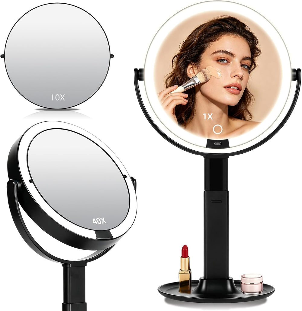 9" 2-Sided Makeup Magnifying Mirror with Lights, 1X+Interchangeable 10X/40X