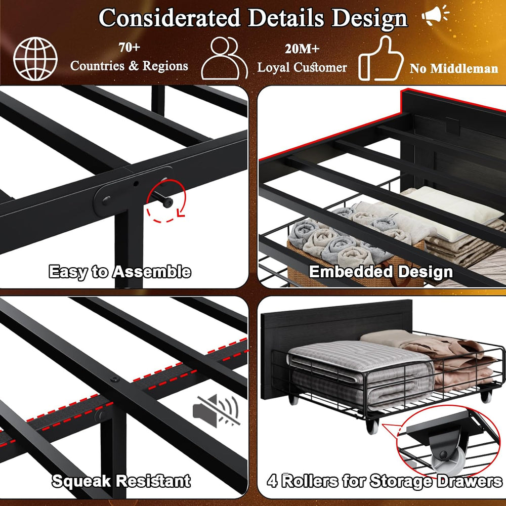 Full Bed Frame with Storage Headboard, Farmhouse Platform Bed Frame with Book...