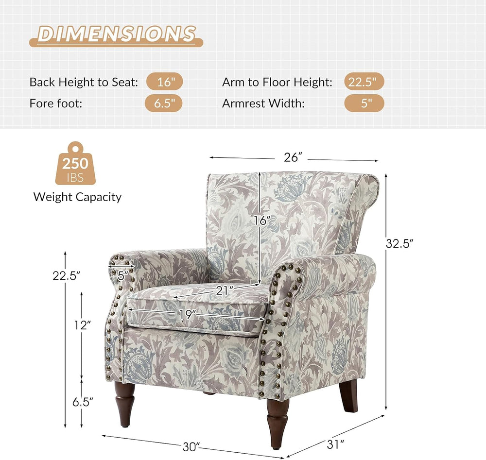 HULALA HOME Traditional Floral Accent Chair with Solid Wood Legs, Grey