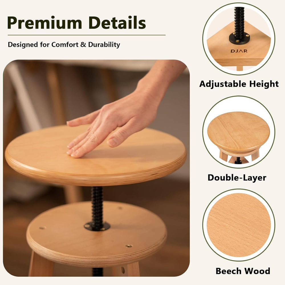 DJAR Wooden Drafting Stool with Adjustable Height for Art Studio, Natural