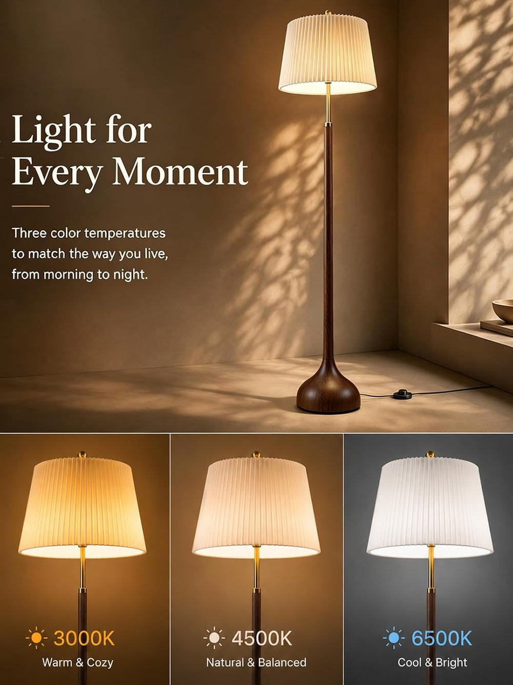 MOFFE Mid Century Modern Wood & Brushed Brass Floor Lamp with Remote
