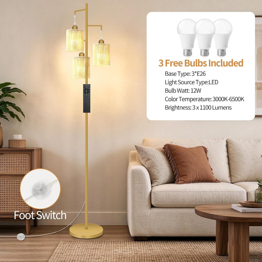 Hotsonic 72" Remote Boho Rattan Tree Floor Lamp, Tall Dimmable Industria...
