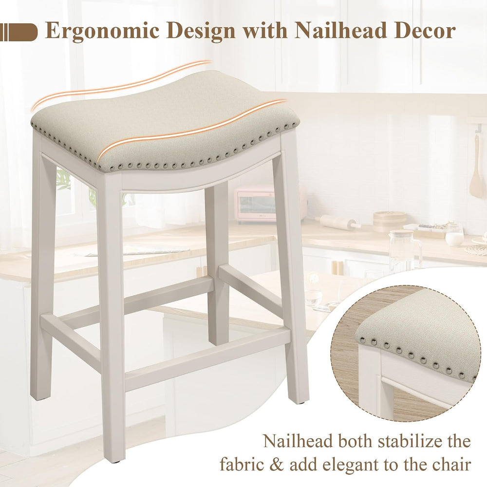 27" Backless Saddle Counter Stools Set of 2, Hand-brushed Wood Finish Legs