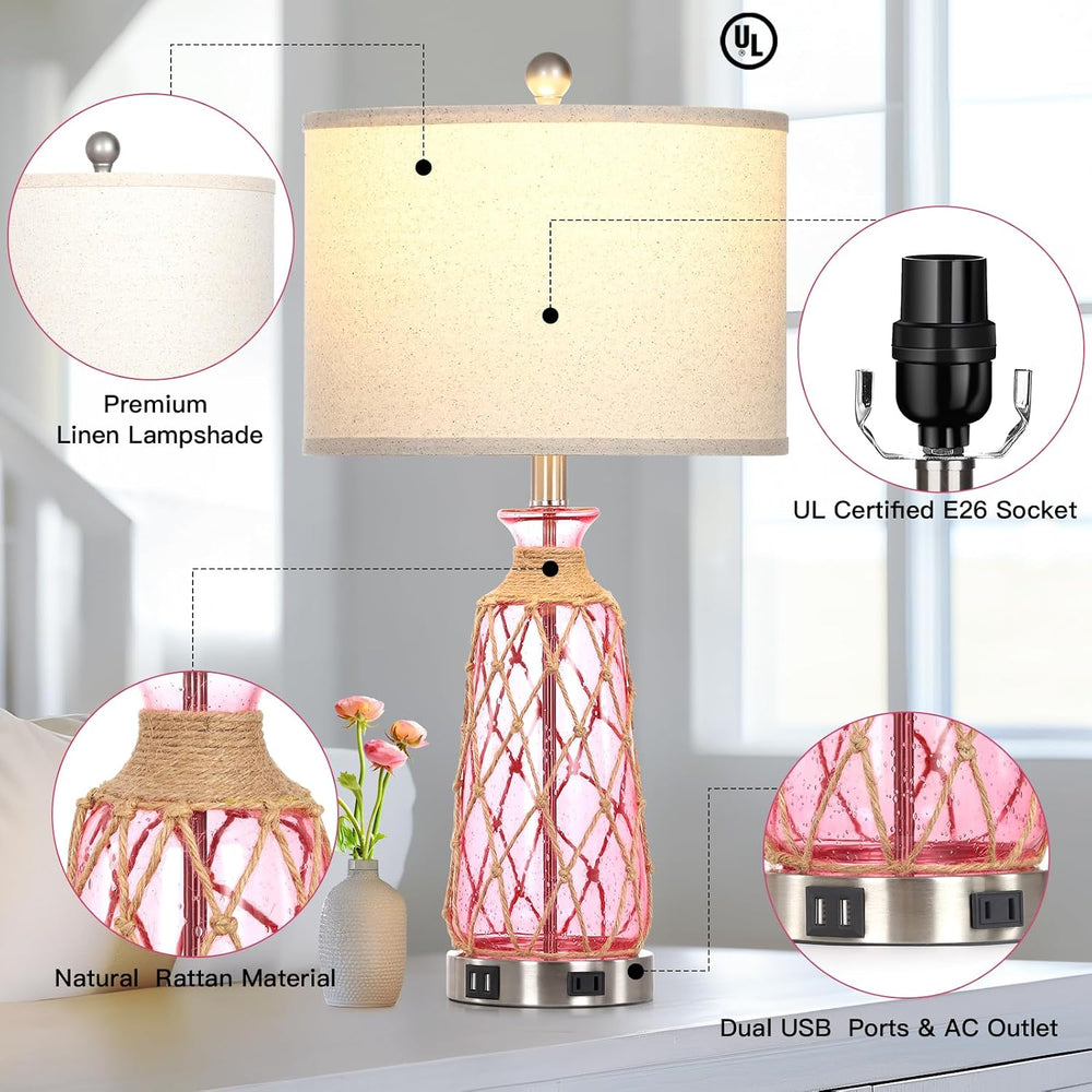Ruzectt 25.5" Coastal Glass Table Lamps Set of 2, 3-Way Dimmable Touch C...