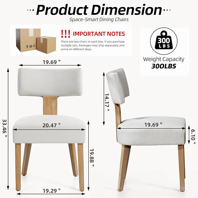 Dining Chairs, Fabric Upholstered Wood Kitchen Chairs Set of 2, Linen Curved Backrest Accent Chairs,Farmhouse Modern Dining Chairs with Foot Pad for Kitchen/Living Room/Restaurant/Cafe-Beige