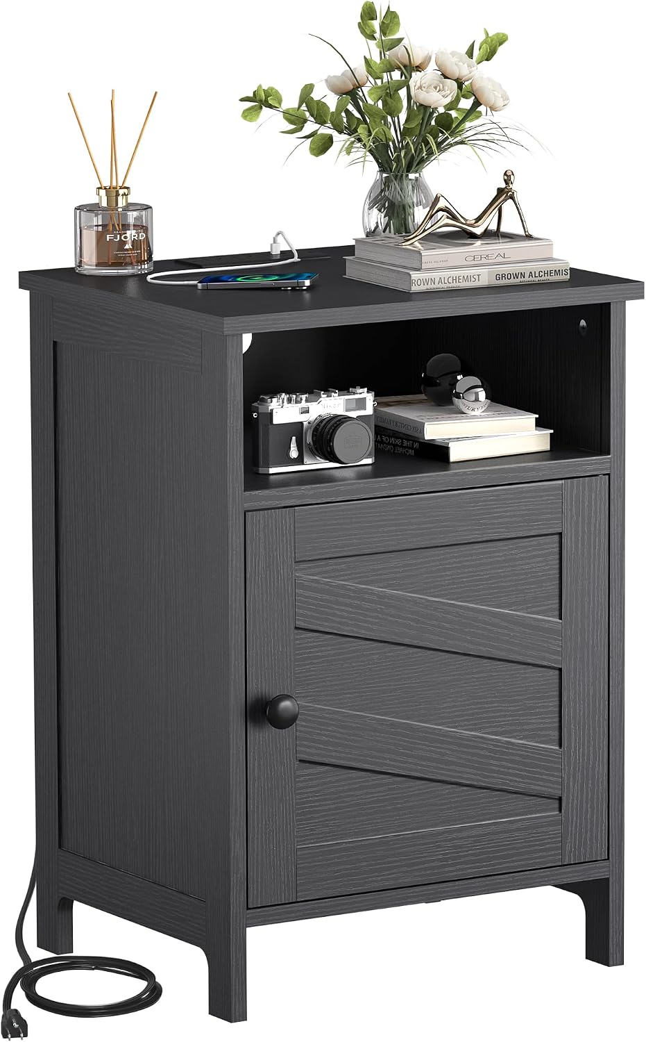 Night Stand with Charging Station, Farmhouse Nightstand with Open Shelf, Beds...