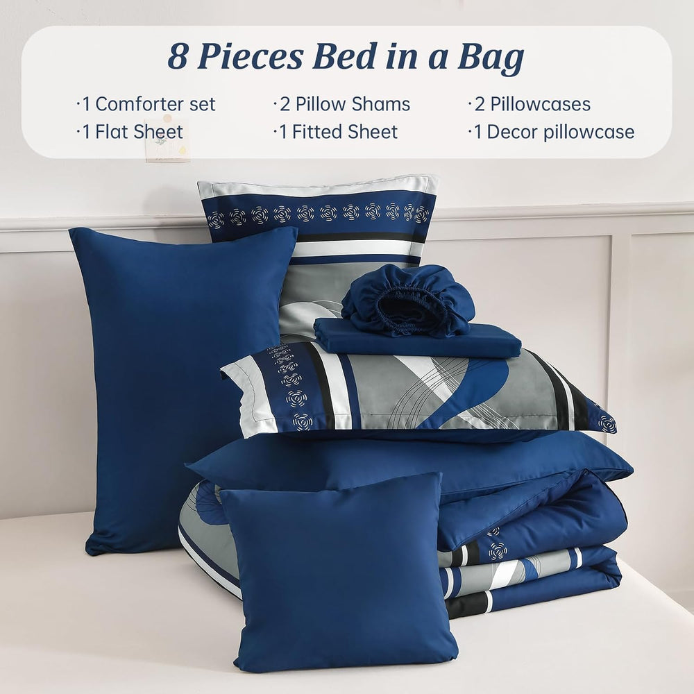 Anibedding King Size Comforter Set,Navy Blue Boho Bed in a Bag