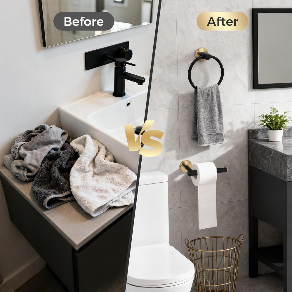 7 Pcs Bathroom Towel Holder Set, Towel Racks for Bathroom | Black and Gold Ba...