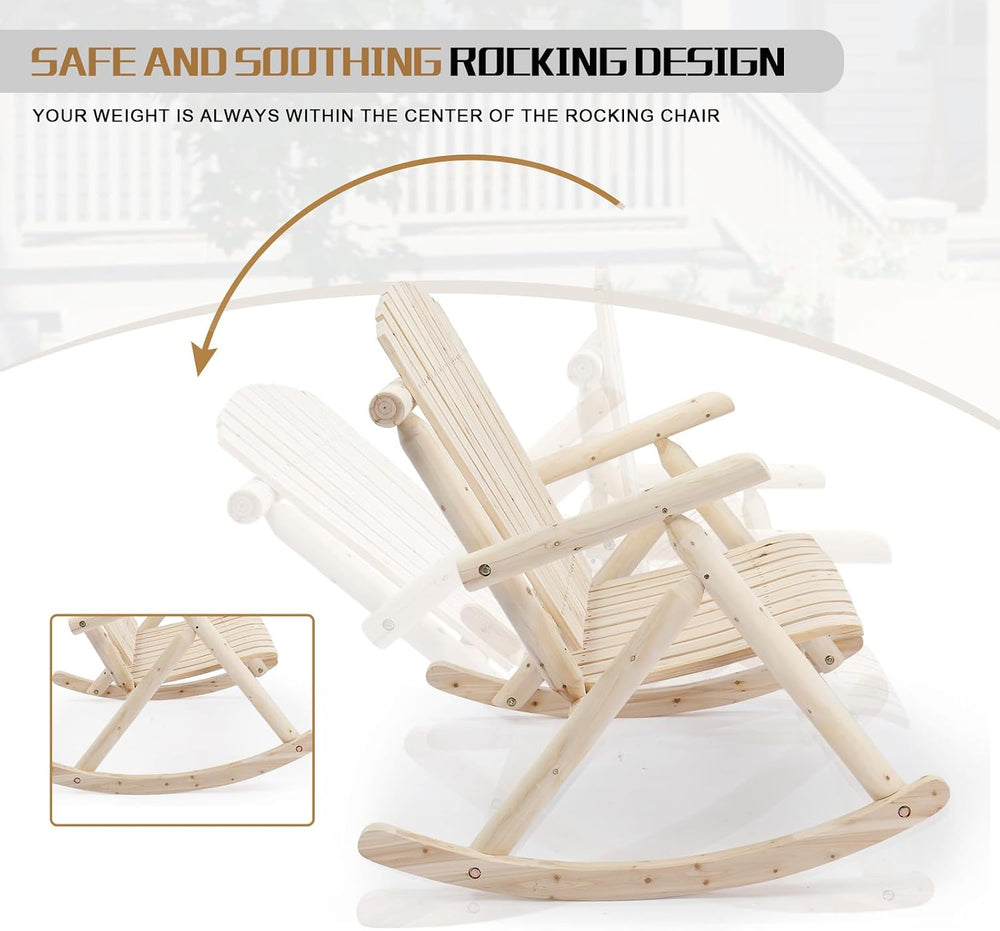 Outvita 2-Person Wood Rocking Chair, Fir Log Adirondack Rocker, Outdoor Wood ...