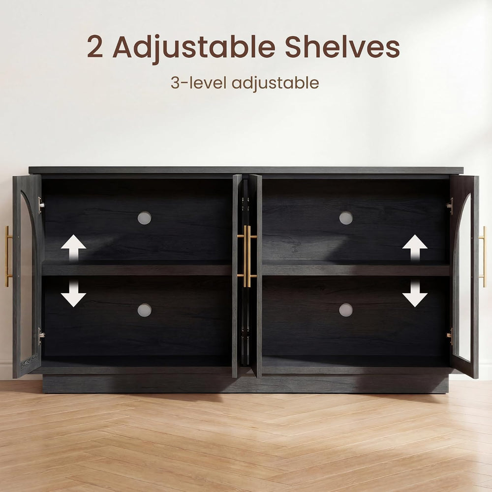 Fatmok 59" Arched Glass Sideboard Buffet Display Cabinet,Grey Black Oak