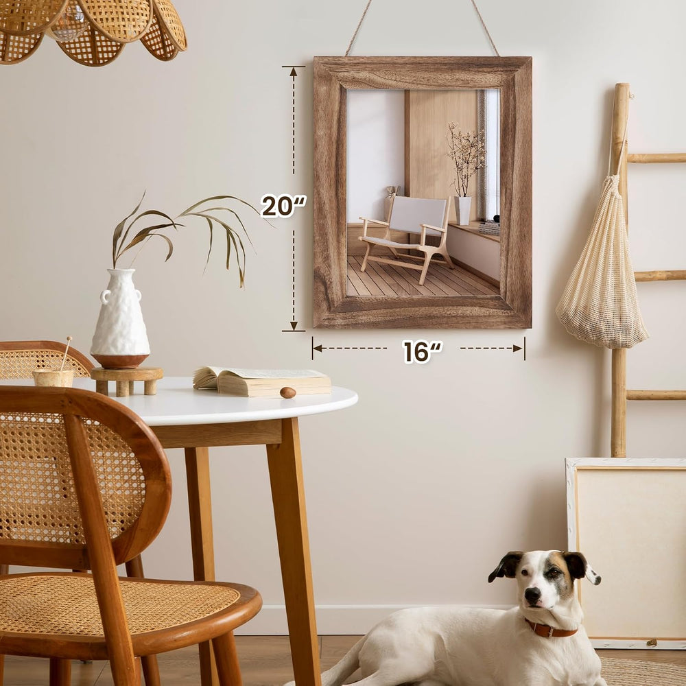 QDSSDECO 16" x 20" Farmhouse Rectangular Wall Mirror, Brown