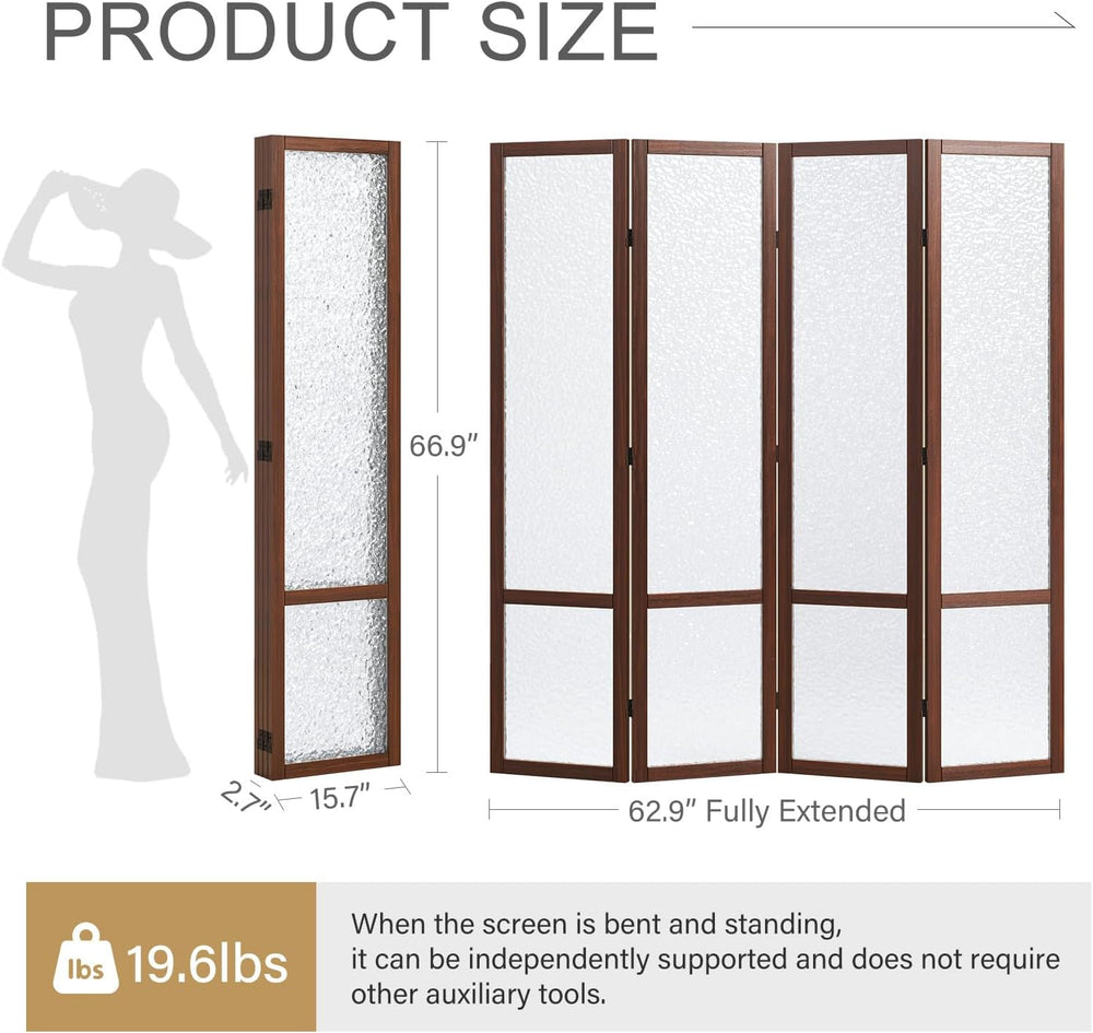 Svimi Acrylic Room Divider, Frosted 4-Panel Folding Screen, Walnut
