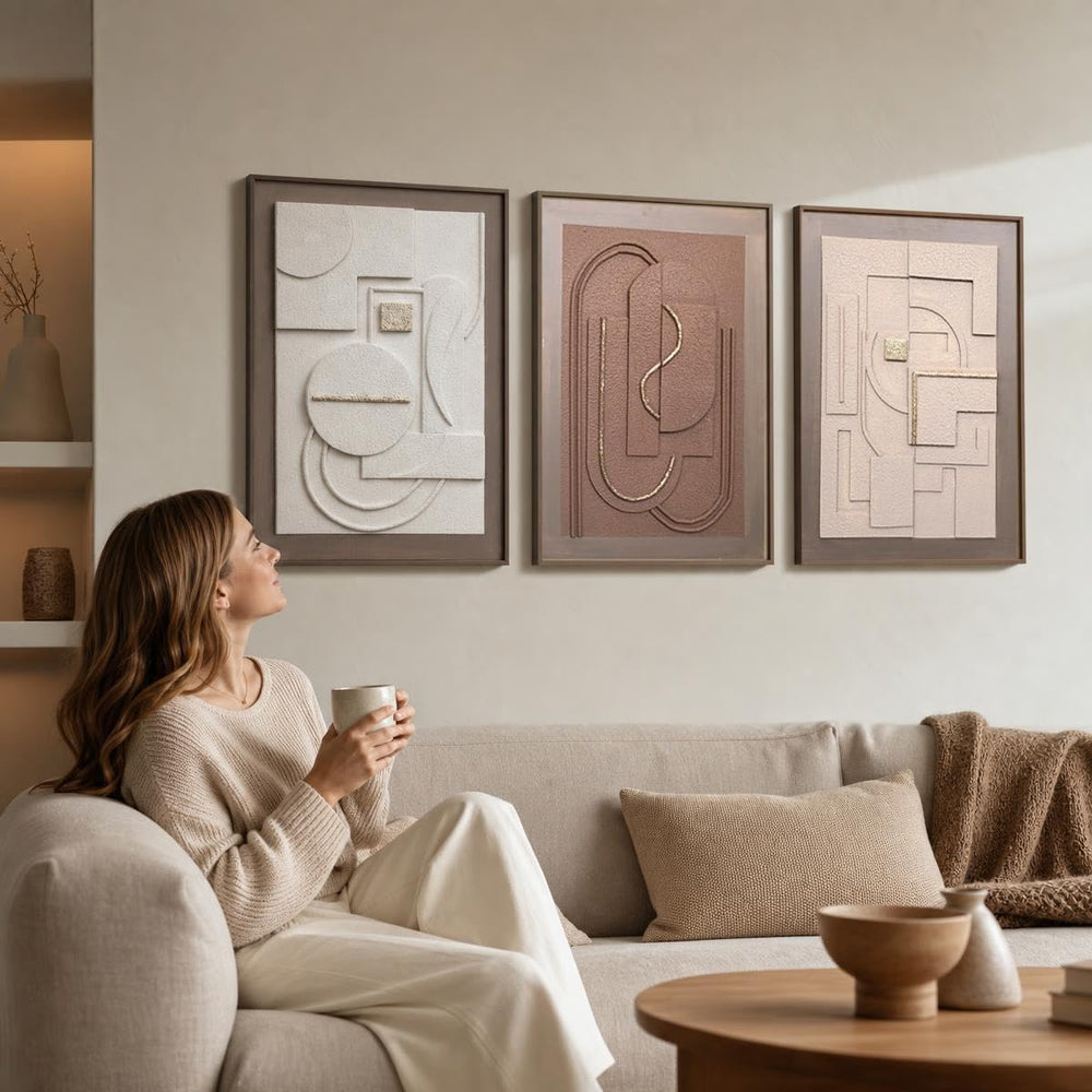 3D Textured Geometric Wall Art for Living Room- 3 Pieces Modern Abstract Scul...
