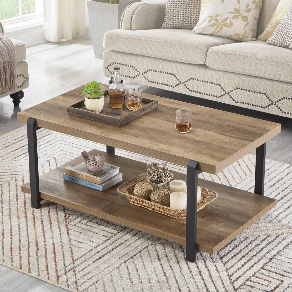 FOLUBAN Industrial Coffee Table with Shelf, Wood and Metal Rustic Cocktail Ta...