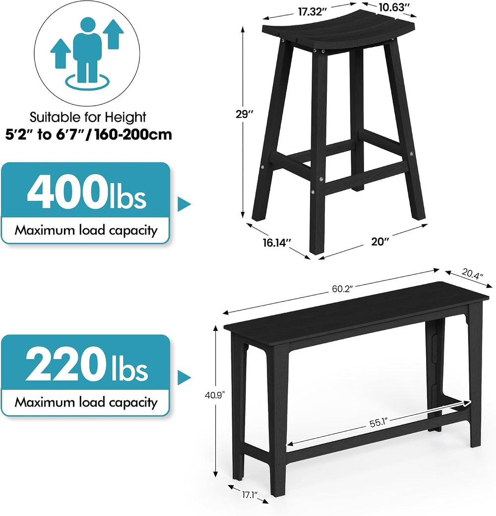 Ciokea 3 Pcs Outdoor Bar with Stools Set, 60" Extra Long High Top Table ...